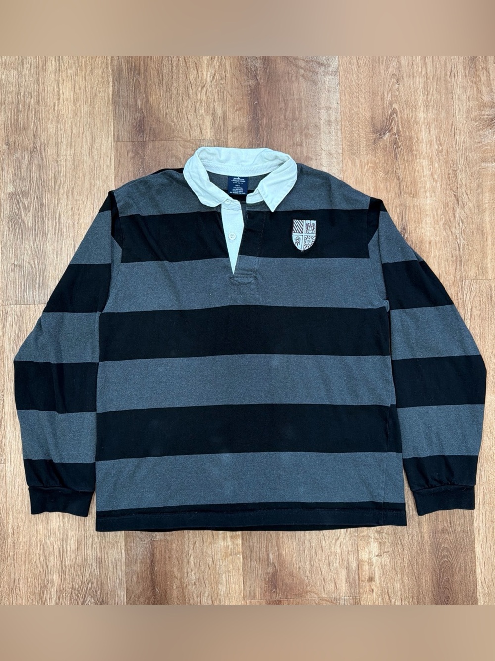 Charles River Black and Gray Striped Rugby Polo with White Collar Mens Large